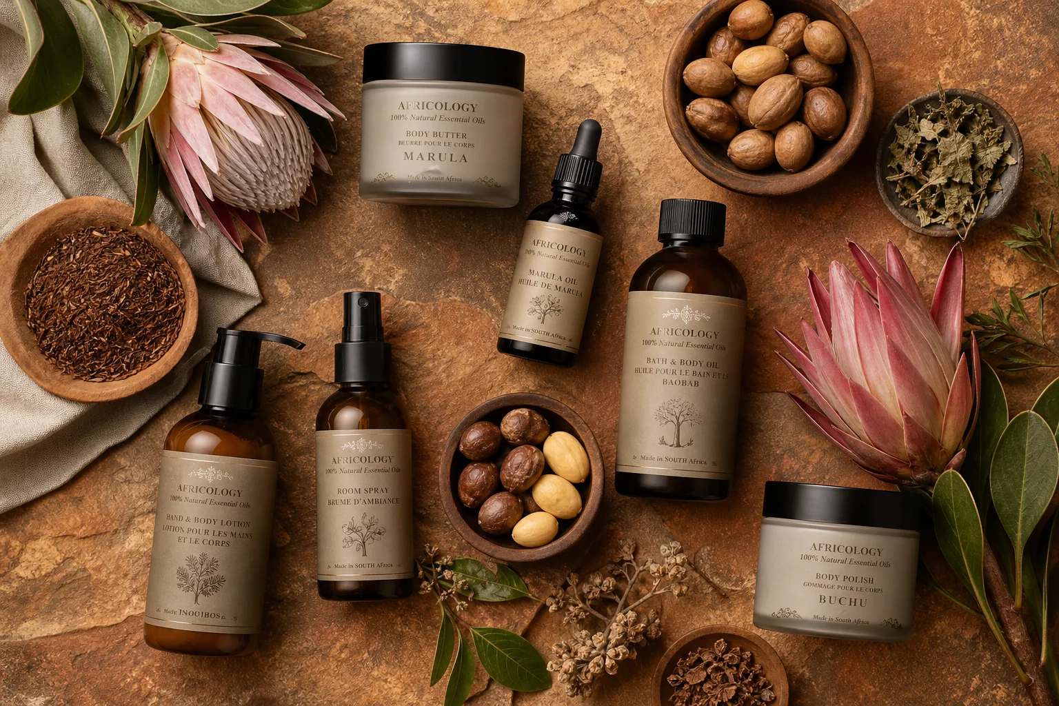Africology luxury skincare — indigenous African botanical ingredients and premium amber glass bottles arranged as a spa flat-lay