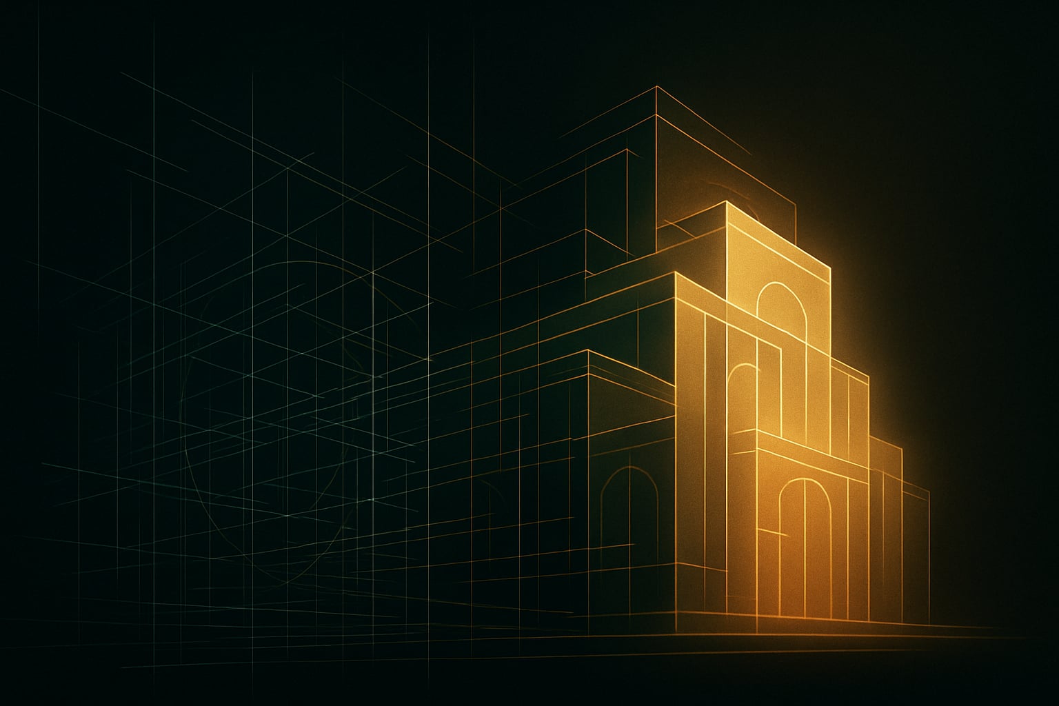 Abstract architectural blueprint transforming into a luminous digital structure, representing planning and preparation