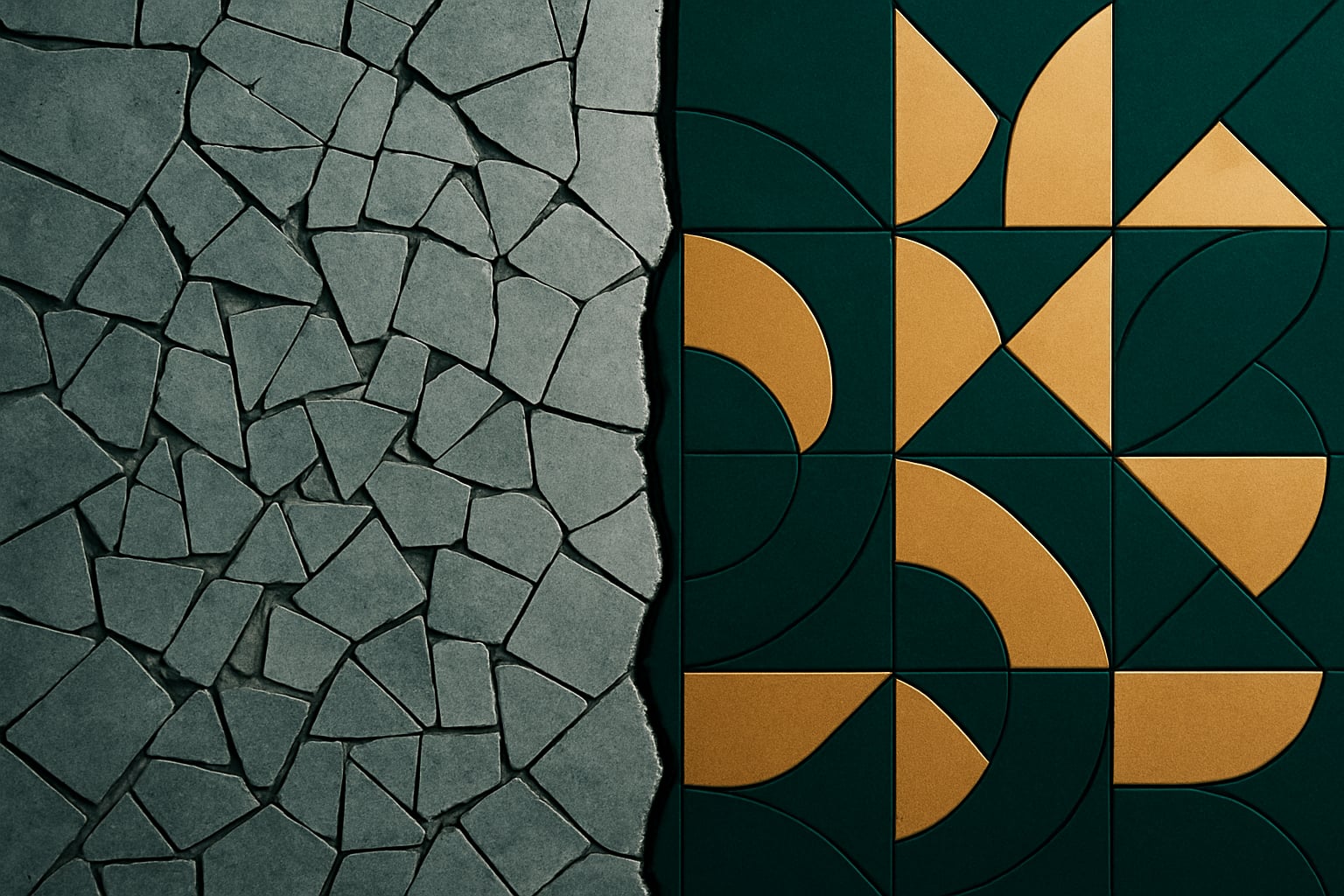 Abstract geometric composition contrasting fragmented, chaotic shapes with polished, ordered forms — representing mistakes versus excellence in website design