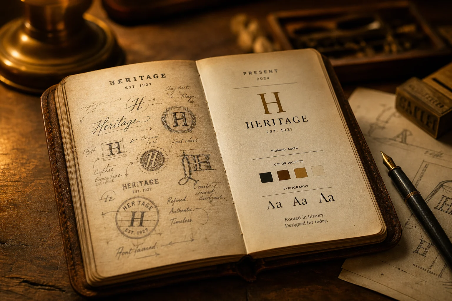 A leather-bound notebook open to vintage brand sketches beside modern design elements — the continuity of brand heritage over time