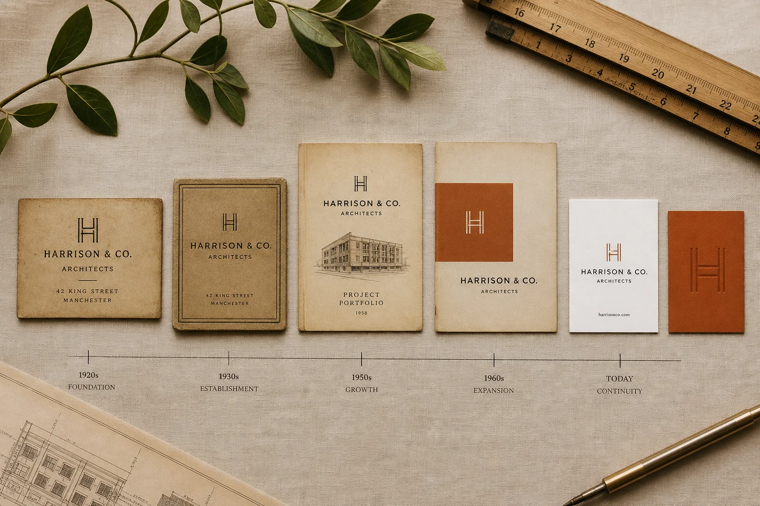 Brand identity artefacts across decades — from vintage letterpress to modern print, showing consistent visual DNA evolving through time