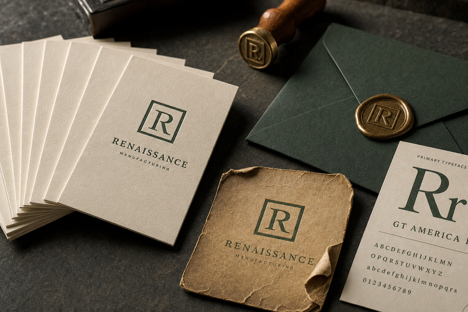 Premium brand identity materials — luxury business cards and letterpress collateral arranged on a dark surface