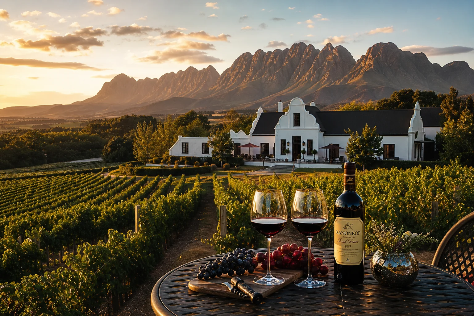 Delaire Graff Estate golden hour panorama — Stellenbosch vineyard, mountain views and fine wine lifestyle