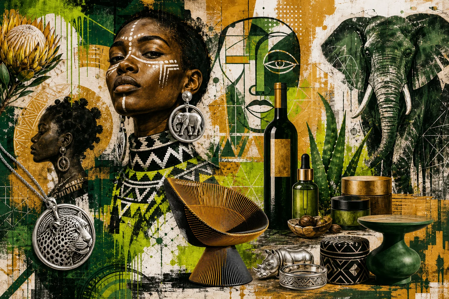 Mixed-media graffiti art celebrating South African luxury brands — jewelry, fashion, wine, furniture and skincare in a vibrant urban composition