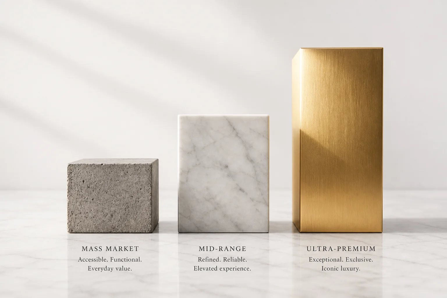 Three ascending sculptural forms representing mass market, mid-range and ultra-premium brand positioning tiers