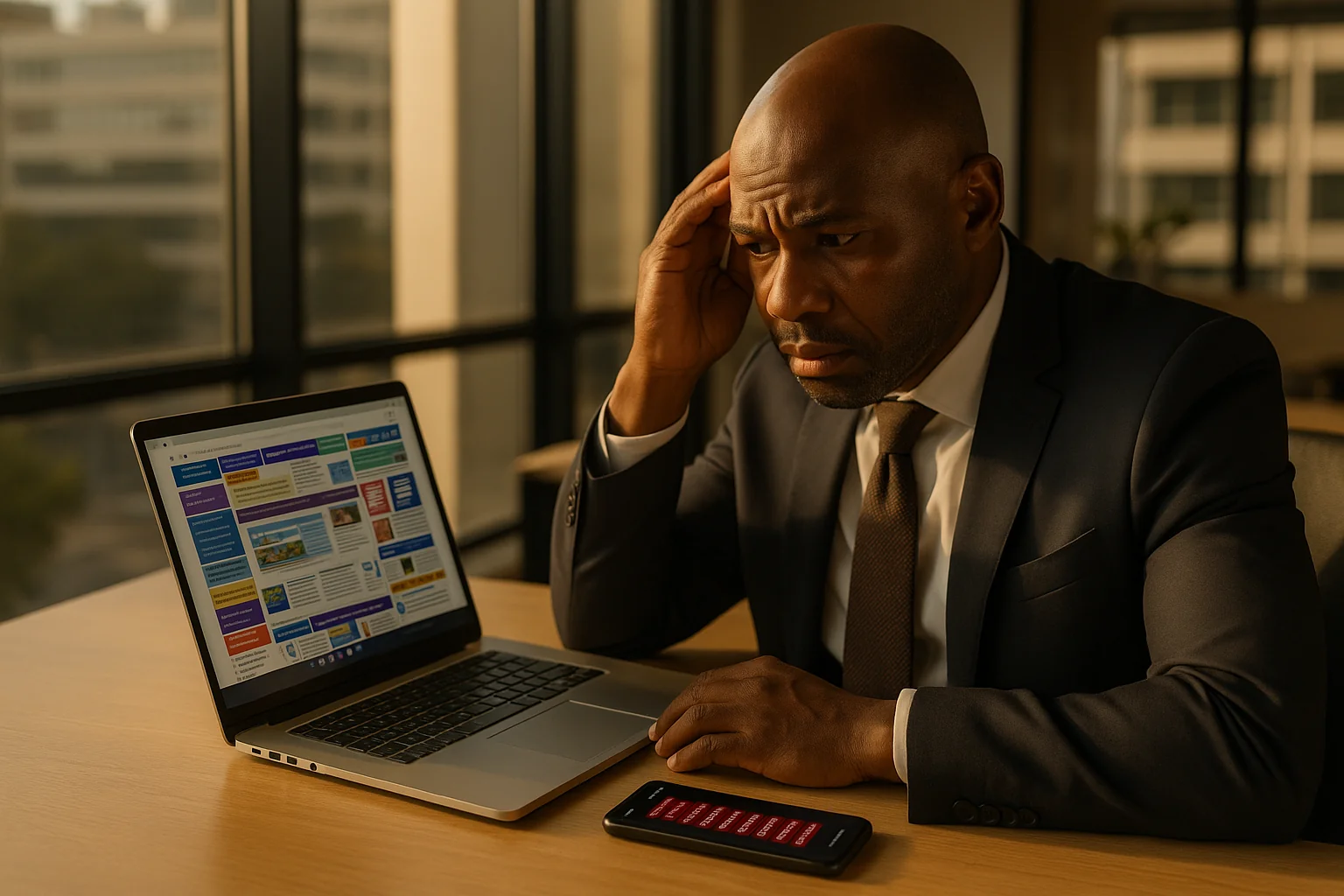 A South African business owner at their desk looking at an underperforming website with missed calls on their phone