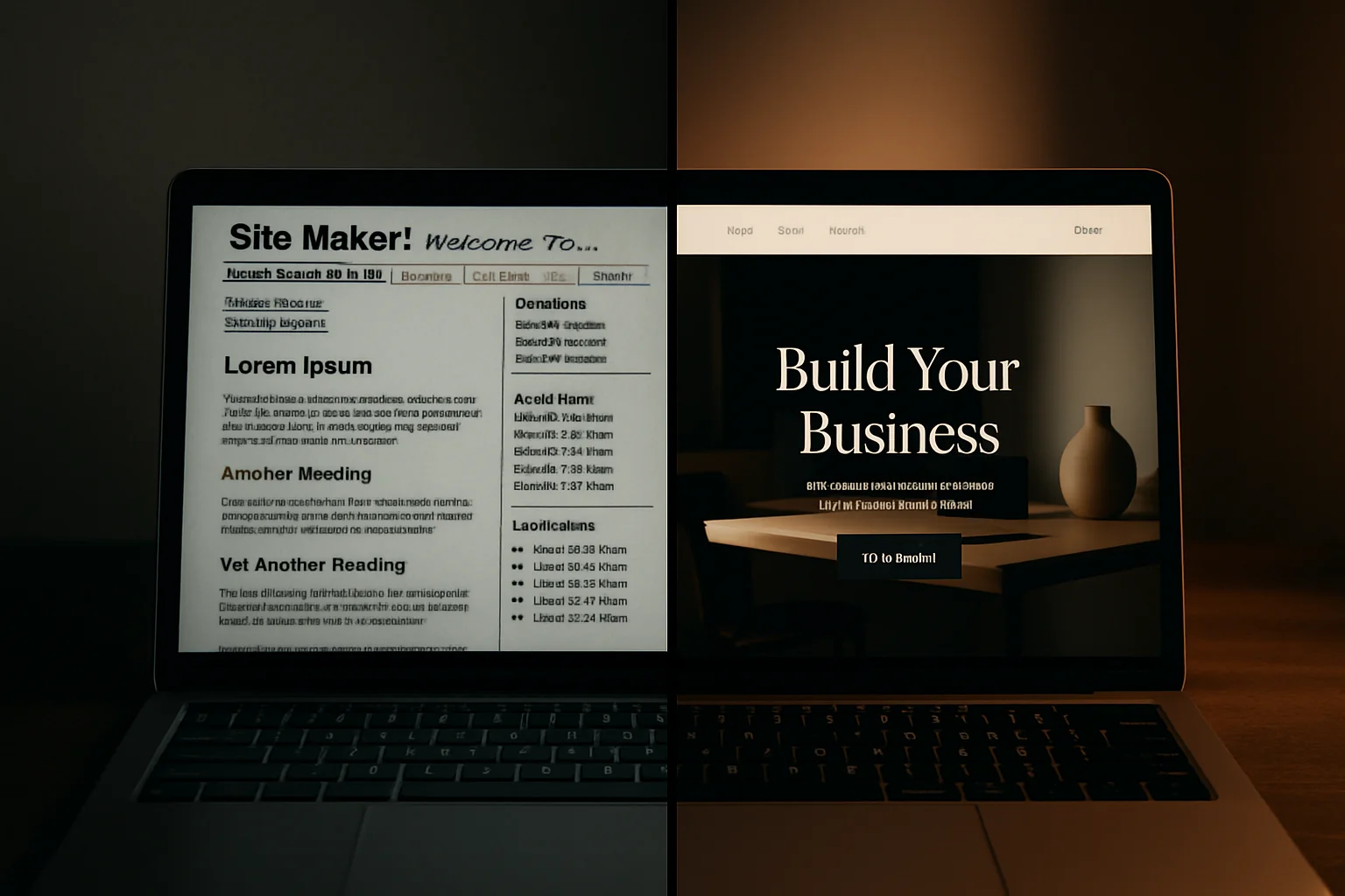 Contrast between an outdated cluttered website and a clean modern professional redesign on laptop screens