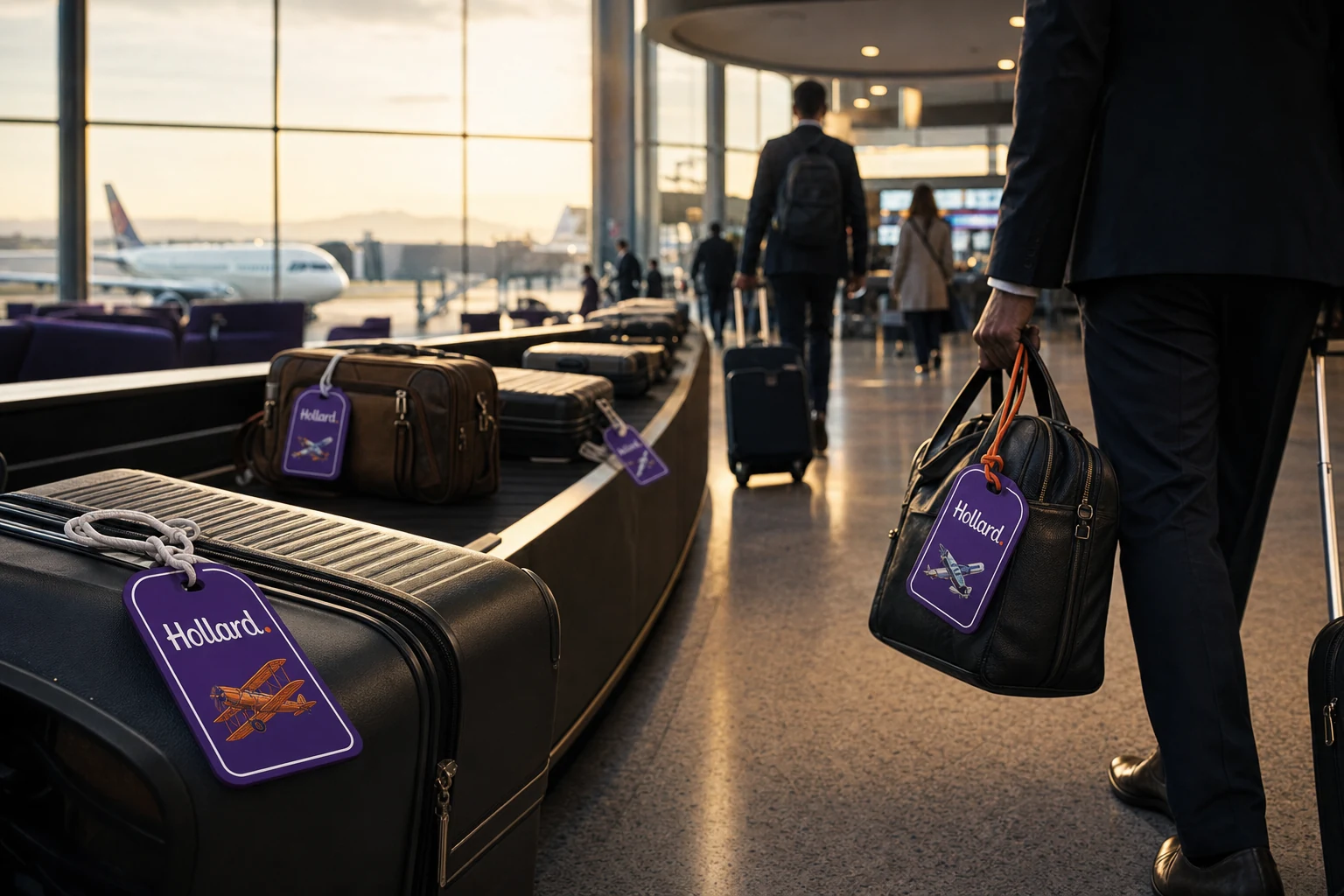 Hollard branded luggage tags on traveller bags at an international airport terminal